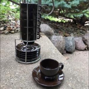 6 World Market espresso cups and saucers + carrier